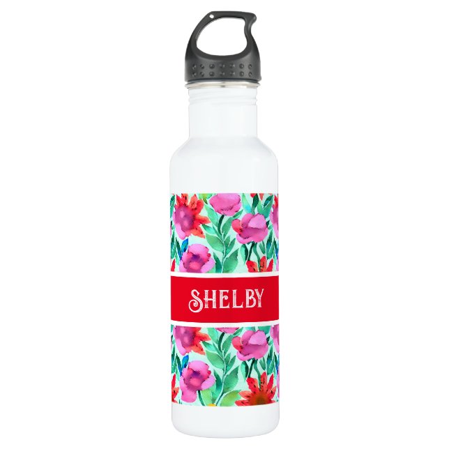 Bouteille D'eau Aquarelle Fleurs en Turquoise, rouge et rose (Devant)