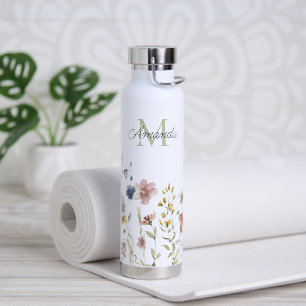 Bouteille D'eau Aquarelle Fleurs sauvages Boho élégant avec Monogr