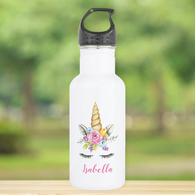 Bouteille D'eau Aquarelle Floral Unicorne Personnalisée Fille (Créateur téléchargé)