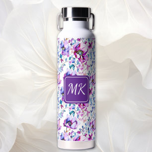 Bouteille D'eau Aquarelle florale violet Monogramme