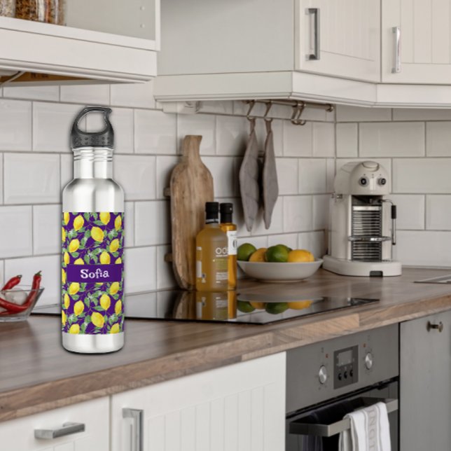 Bouteille D'eau Aquarelle jaune citron nom motif violet (Créateur téléchargé)