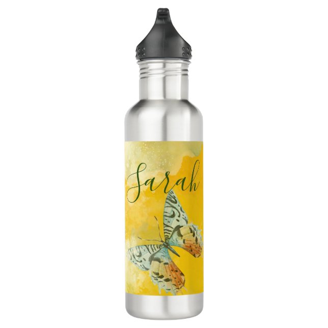 Bouteille D'eau Aquarelle jaune Monogramme Nom Tie Dye Papillon (Droite)