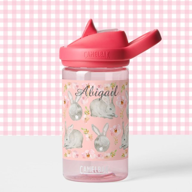 Bouteille D'eau Aquarelle Lapins Bunny Ajouter Nom Doux Gris & Ros (Créateur téléchargé)