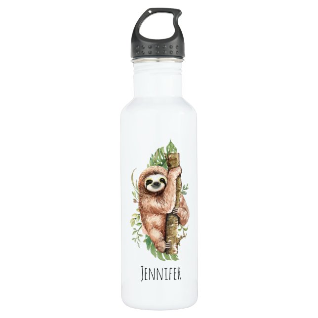 Bouteille D'eau Aquarelle mignonne Sloth & Feuilles tropicaux (Devant)