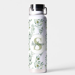 Bouteille D'eau Aquarelle Monogramme Nom Motif Branches d'Olivier