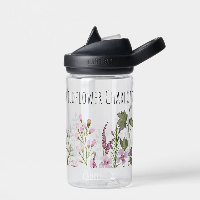 Bouteille D'eau Aquarelle Nom du Fleur sauvage Vert rose Botanique (Gauche)