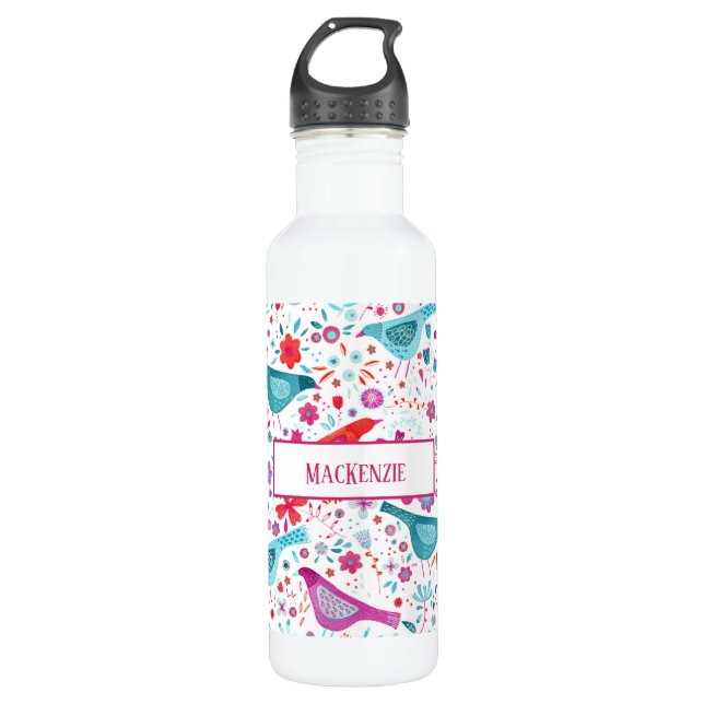 Bouteille D'eau Aquarelle Oiseaux et fleurs Personnalisés (Devant)