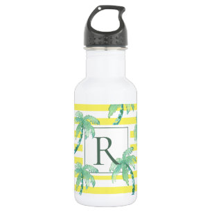 Bouteille D'eau Aquarelle Palmiers et Monogramme rayé jaune