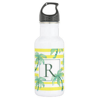 Bouteille D'eau Aquarelle Palmiers et Monogramme rayé jaune