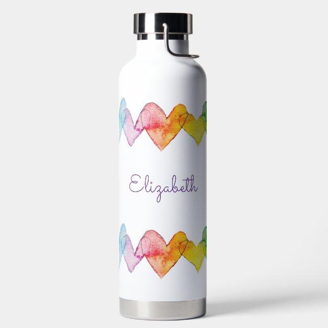 Bouteille D'eau Aquarelle personnalisée Coeurs arc-en-ciel mignon  (Droite)