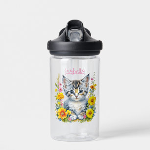 Bouteille D'eau Aquarelle personnalisée en gris chaton et fleurs