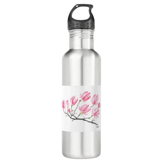 Bouteille D'eau Aquarelle rose Magnolia Nature Botanique Floral (Devant)