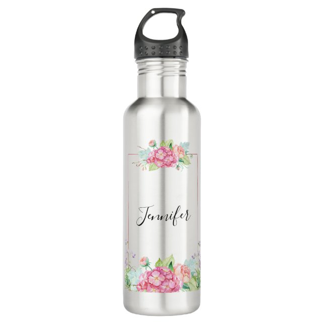 Bouteille D'eau Aquarelle rose moderne Cadre Floral (Devant)