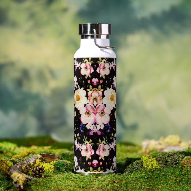 Bouteille D'eau Aquarelle rose Roses Jaunes Arrière - plan noir (Extérieur)