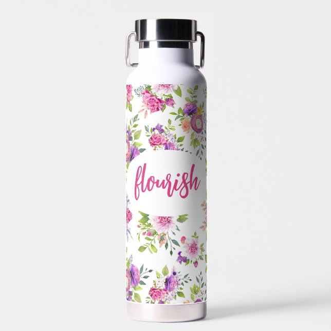 Bouteille D'eau Aquarelle rose violet Floral Personnalisée (Avant)