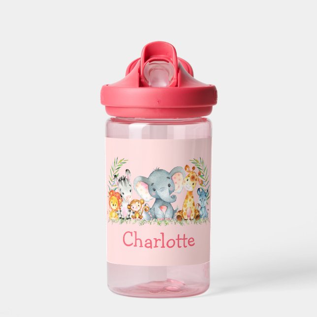 Bouteille D'eau Aquarelle Safari Jungle Baby Animaux Rose (Avant)