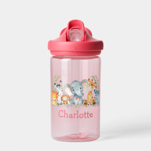 Bouteille D'eau Aquarelle Safari Jungle Baby Animaux Rose Nom