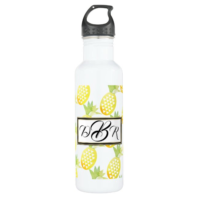 Bouteille D'eau Aquarelle tropicale Monogrammes Ananas (Devant)