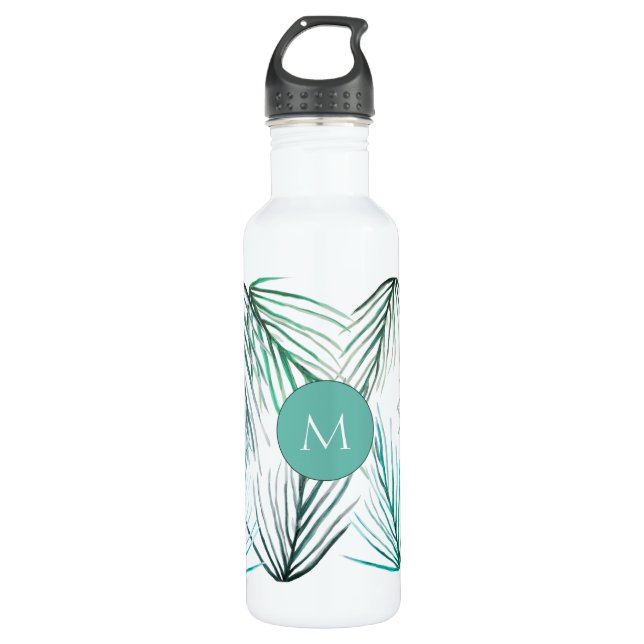 Bouteille D'eau Aquarelle verte de palme tropicale feuilles Monogr (Devant)