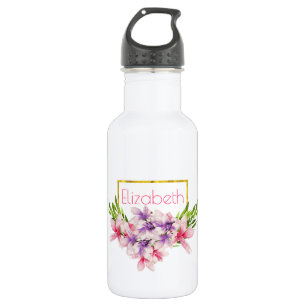Bouteille D'eau Aquarelle violet et rose Magnolia Personnalisé
