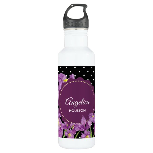 Bouteille D'eau Aquarelle violet Iris noir blanc Pois (Devant)