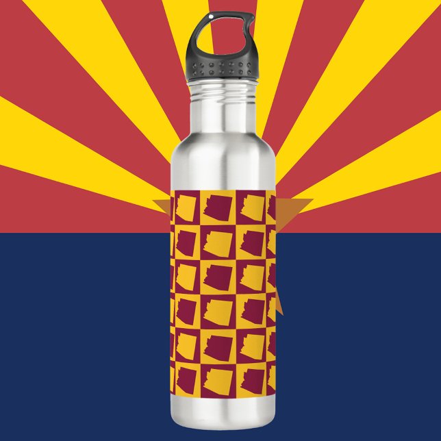 Bouteille D'eau Arizona Silhouette Pattern Maroon and Gold  (A water bottle with a maroon and gold pattern featuring the US state of Arizona)