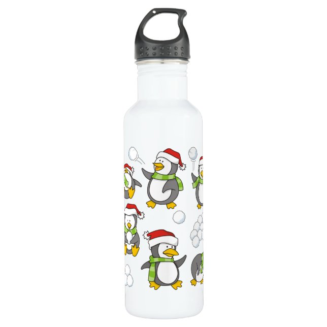 Bouteille D'eau Arrière - plan de pingouins de Noël (Devant)