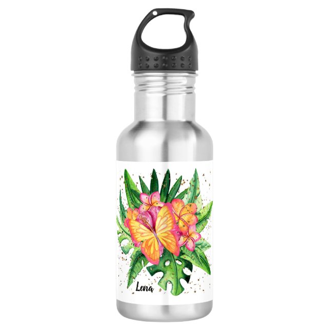 Bouteille d'eau aux fleurs orange et papillon (Devant)