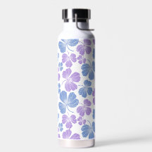 Bouteille d'eau avec feuilles rose et bleu
