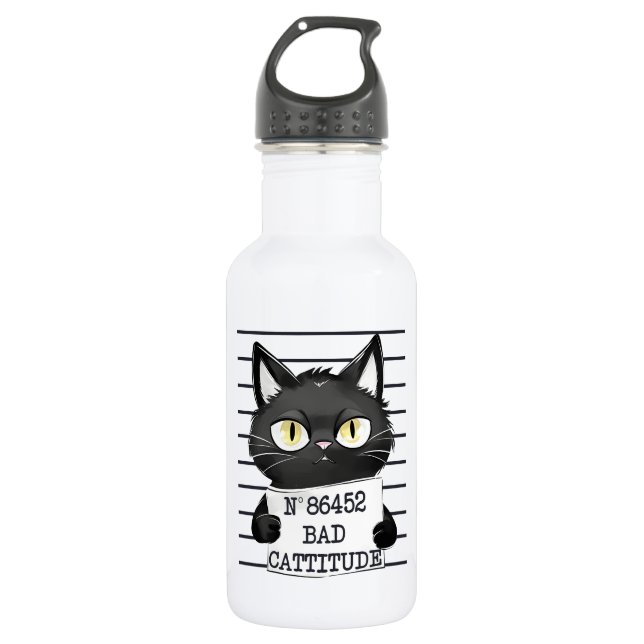 Bouteille D'eau Bad Cattitude - Mugshot de chat noir (Devant)