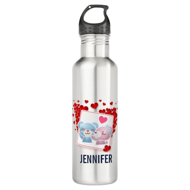 Bouteille D'eau Baisers avec coeur d'amour rouge tout autour (Devant)