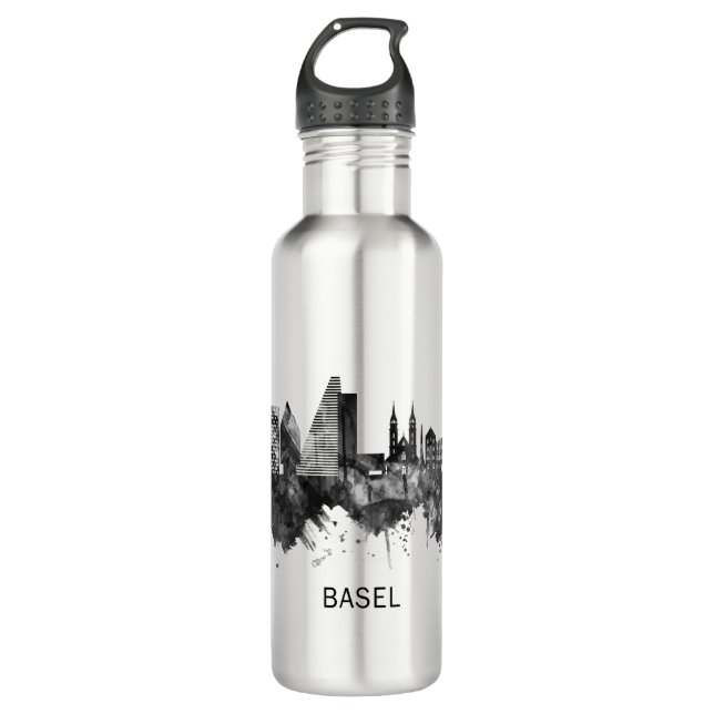 Bouteille D'eau Bâle Suisse Skyline BW (Devant)