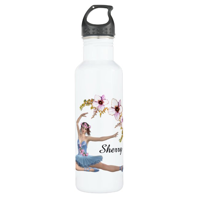 Bouteille D'eau Ballerina en bleu Nom personnel Fleurs roses (Devant)