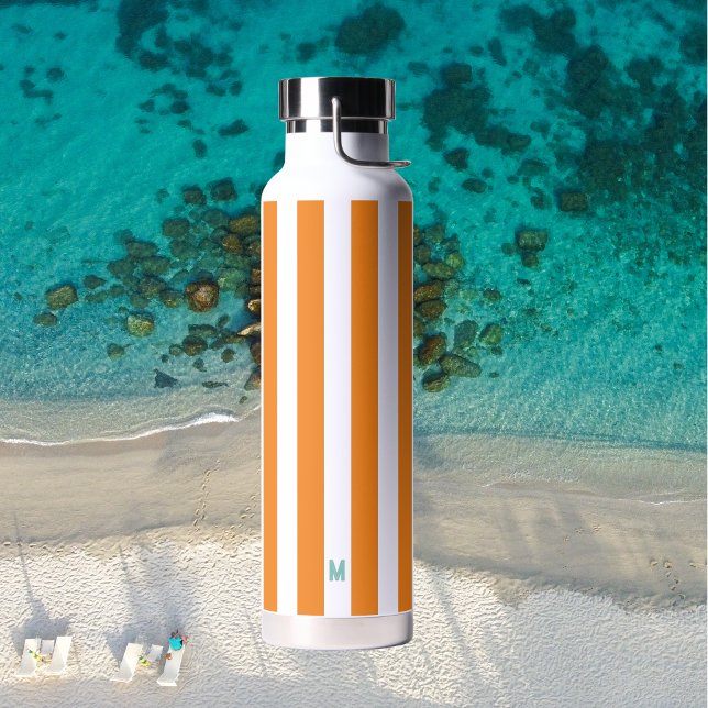 Bouteille D'eau Bande de cabane orange et monogramme Turquoise per (Créateur téléchargé)