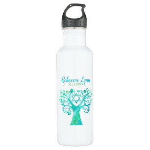 Bouteille D'eau Bat mitzvah turquoise d'aquarelle verte Arbre de v