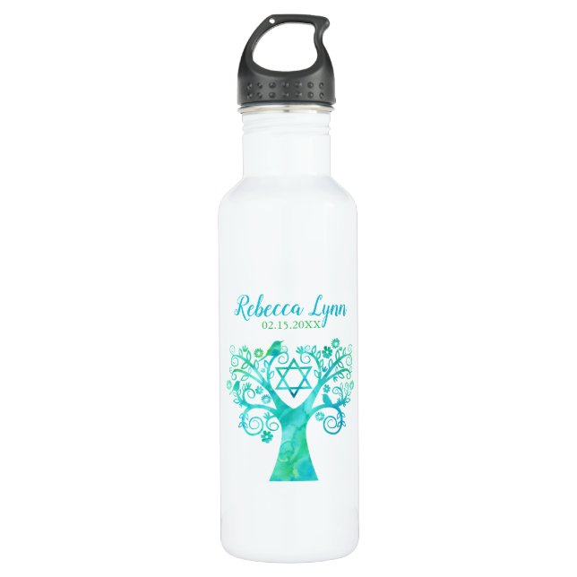 Bouteille D'eau Bat mitzvah turquoise d'aquarelle verte Arbre de v (Devant)