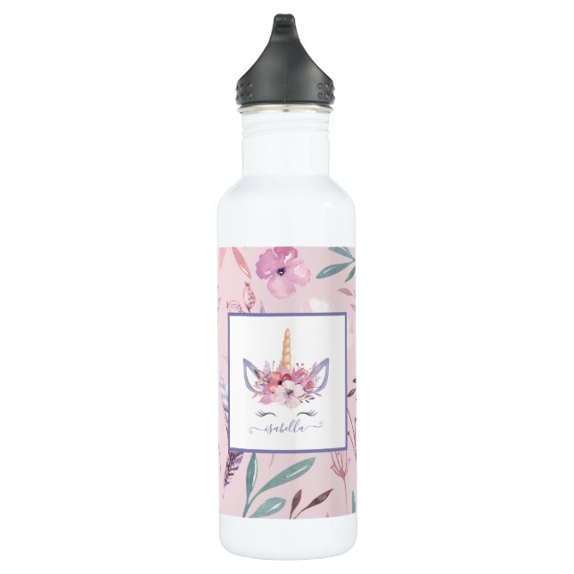 Bouteille D'eau Beau visage de licorne aquarelle fleurie design (Droite)
