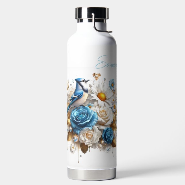 Bouteille D'eau Beaux Roses, marguerites et un Blue Jay (Droite)