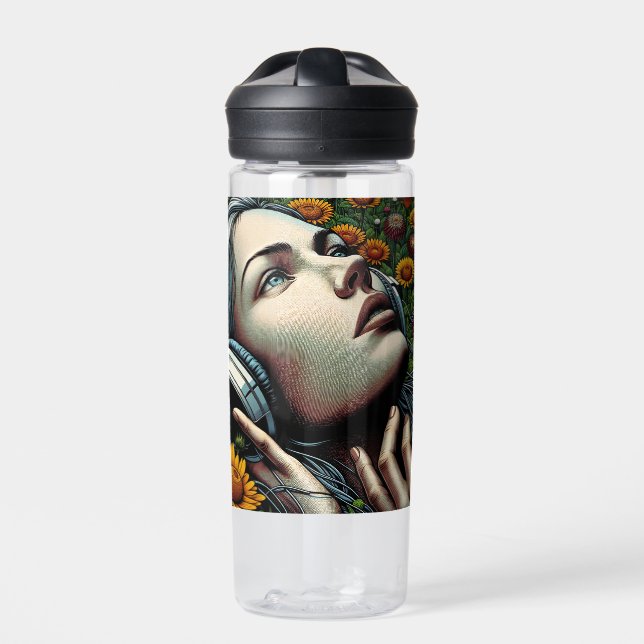 Bouteille D'eau Belle femme avec casque dans les tournesols (Extérieur)