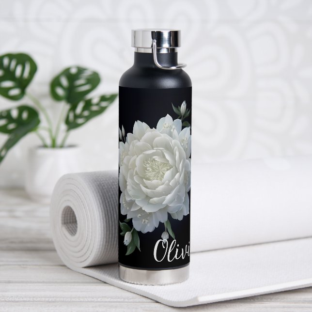 Bouteille D'eau Belle Fleur blanche avec nom (Yoga)