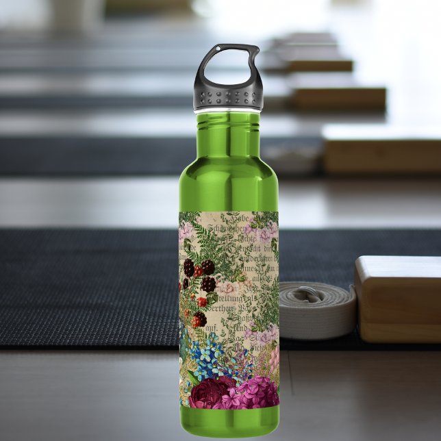 Bouteille D'eau Berries pourpres et Roses sur Ephemera de Newsprin (Créateur téléchargé)