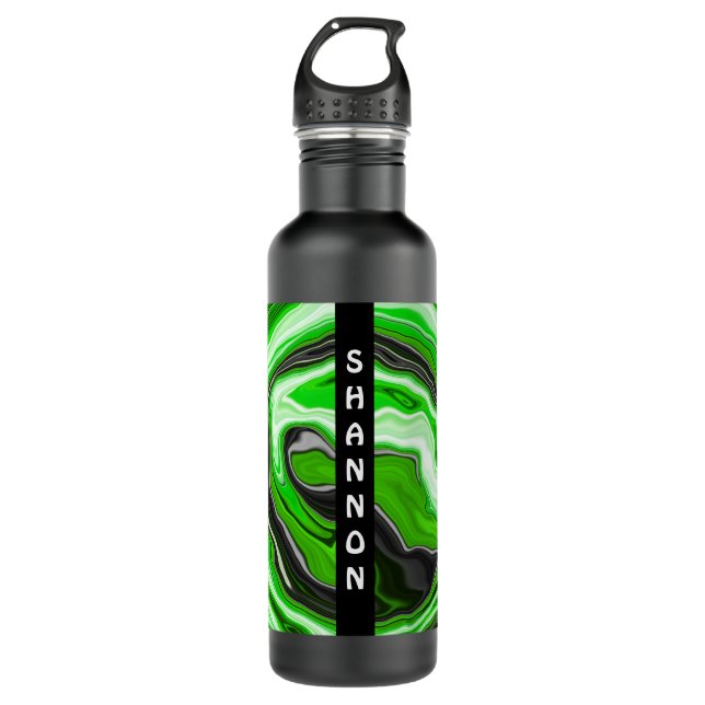 Bouteille D'eau Black and Green Swirls Fluid Art Personnalisé (Devant)