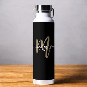 Bouteille D'eau Black Gold Modern Script Girl Monogramme Nom