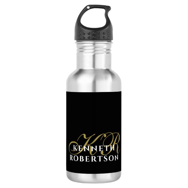 Bouteille D'eau Black Minimalist Monogram Gold White Elegant Men (Devant)