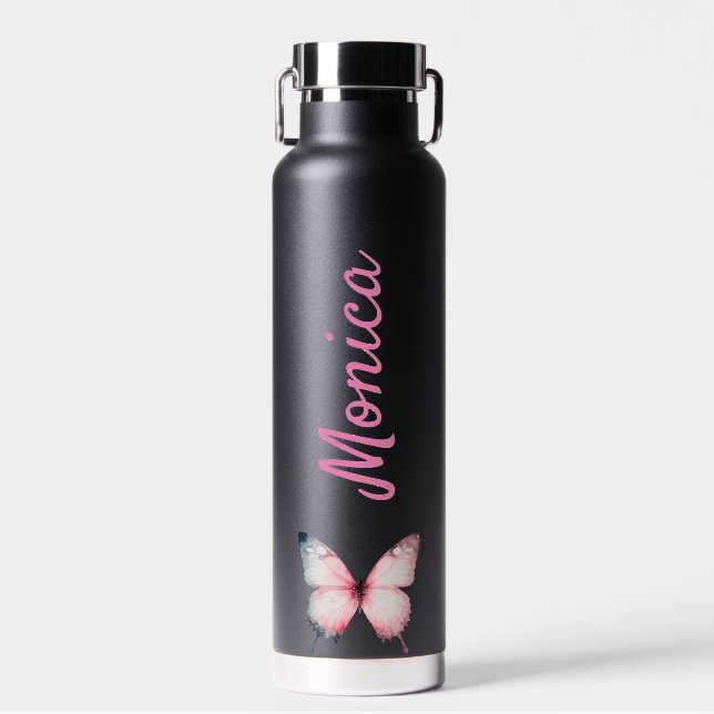 Bouteille D'eau Black nom personnalisé papillon cadeau d'anniversa (Avant)
