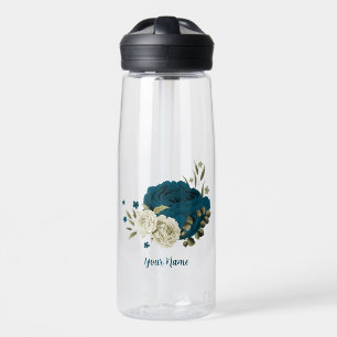 Bouteille D'eau bleu sarcelle beige floral botanique mariage