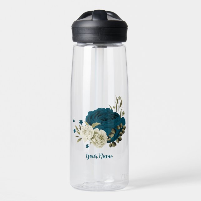 Bouteille D'eau bleu sarcelle beige floral botanique mariage (Avant)