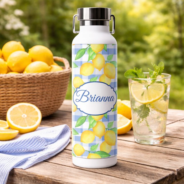 Bouteille D'eau Blue Gingham Lemon Name Picnic Style  (Créateur téléchargé)