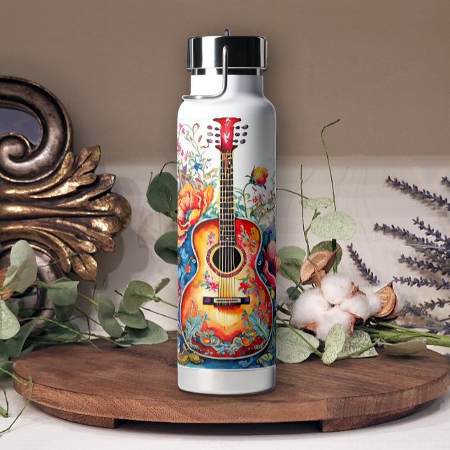 Bouteille D'eau Boho Country Western Floral Guitare Ajouter un nom (Créateur téléchargé)