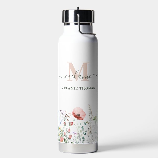 Bouteille D'eau Boho Fleurs sauvages Nom personnalisé Monogramme (Gym)